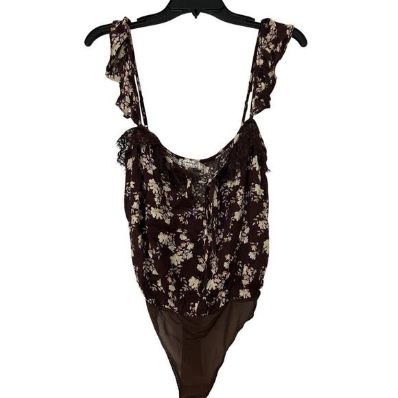 Intimately Free People Chocolate Brown Floral Ruffle Strap Tank Bodysuit Size XS - Picture 4 of 15